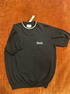 Rhude Black Knit Tee with Ivory Contrast Neck Trim